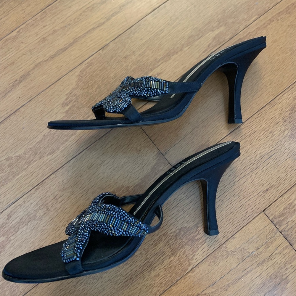 Impo Trini Beaded Sandals. Great Used Condition. 3 1/2 inch Heel. Gunmetal Black - Picture 4 of 8